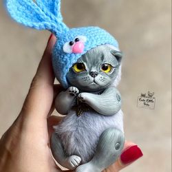 kitten doll tiny cat, gray realistic miniature toy collectible dolls handmade funny bunny gift, in a hat