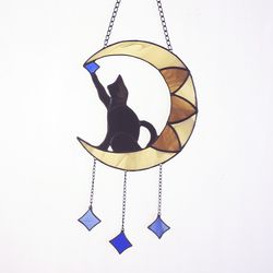 lucky cat on moon stained glass suncatcher, window hanging ornament decoration, unique cat lover gift