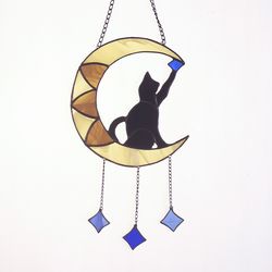 lucky cat on moon stained glass suncatcher, window hanging ornament decoration, unique cat lover gift