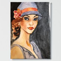 Woman Painting Watercolor Original Female Portrait Beautiful Girl in Hat Wall Art
