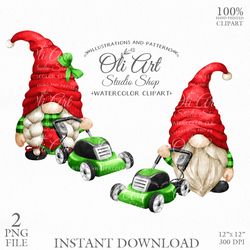 Lawn Mower And Gnome Clip Art. Hand Drawn Graphics, Instant Download. Digital Download. OliArtStudioShop