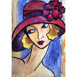Art Deco Painting Watercolor Female Portrait Original Art, Hat Girl Wall Art Small Painting