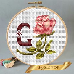 Floral letter G pdf cross stitch Flower monogram alphabet easy embroidery