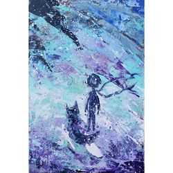 The Little Prince Painting Fox Original Art Planet Artwork Starry Night Sky Wall Art Oil Painting 4 by 6 inches