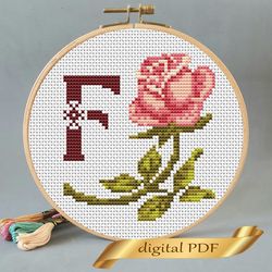 Floral letter F pdf cross stitch Flower monogram alphabet easy embroidery