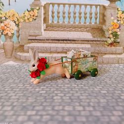 Easter bunny with a cart. Dollhouse miniatures.1:12 scale.