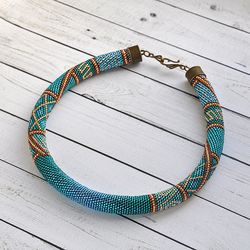 Fancy seed bead necklace, statement turquoise choker necklace, short ethnic necklace, ombre blue handmade bead necklace