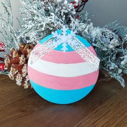 Trans pride christmas ornament handmade. Transgender pride ornament. Trans chrisnmas ornament hand painted.