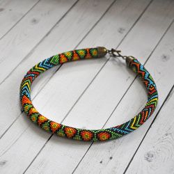 Multicolor seed bead necklace, rainbow statement necklace, short ethnic necklace, handmade bead choker necklace