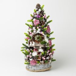 christmas tree holiday decor, christmas present, table tree, rabbits family house