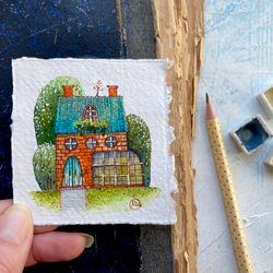 Teal house artwork Original painting Miniature watercolor Mini wall decor by Rubinova