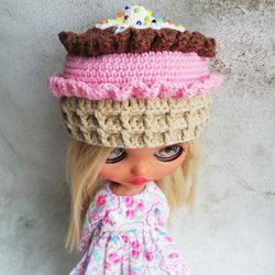 Blythe hat crochet brown pink Ice Cream with white chocolate for custom blythe halloween clothes blythe accessories