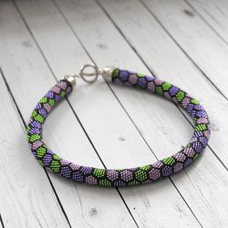 Fancy seed bead necklace, statement choker necklace, short lilac dressy necklace, handmade crochet bead necklace