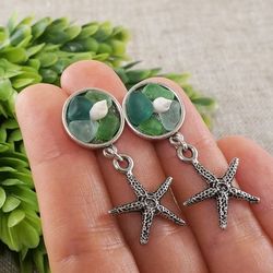 Mint Green Sea Glass White Shell Silver Sea Star Starfish Stud and Dangle Marine Maritime Nautical Earring Jewelry 7807