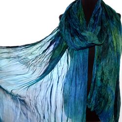 extra long scarf natural silk handdyed blue green color handmade multicolor ruffle silk shawl wrap woman gift mom wife