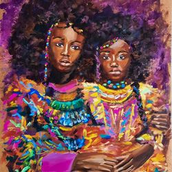 African American Sisters Painting Portrait Original Oil Painting African Artwork