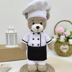 Crochet Chef bear, crochet Chef toy, Amigurumi toy,  Gift for cook, Gift to kitchen