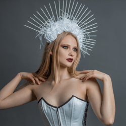 White flower woman adult headdress Gothic halo crown Dark goddess headpiece Boho wedding bridal tiara Halloween tiara