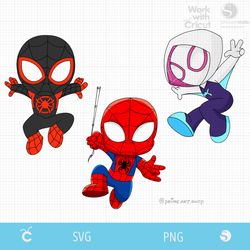 3 spidey amazing friends superhero svg, ghost spider svg, baby morales black spiderman svg, chibi spiders