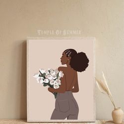 Black woman with white tulips, printable poster