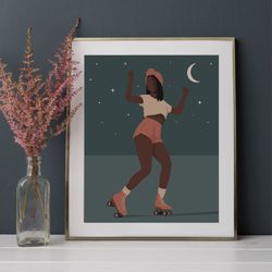 Black woman roller skating at night, printable poster
