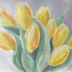 Yellow tulips painting flowers original artwork watercolour painting wall art hand painted