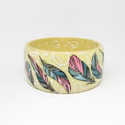 Hand-painted wooden bangle with  feathers