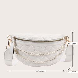 Women Faux Pearl Decor Quilted Fanny Pack