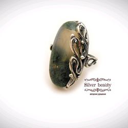 Handmade silver plated ring  Size 7 (17,5) natural landscape moss agate