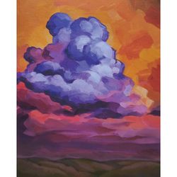Sunset over the valley Original painting on canvas Landscape sky clouds Wall art