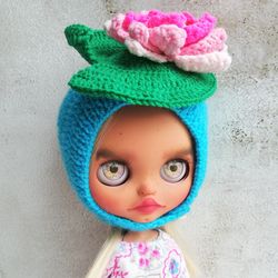 Blythe hat crochet helmet blue with pink water lily for custom blythe halloween outfit blythe doll clothes cute hat