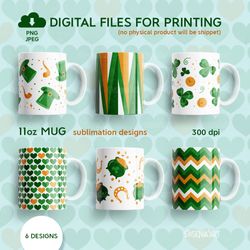St Patricks Day Mug Bundle, 11oz Mug Sublimation Designs with Trefoils, Coins, Horseshoes PNG JPEG Digital Download