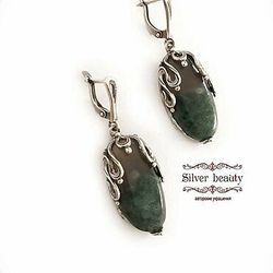 handmade silver plated earrings with natural landscape moss agate