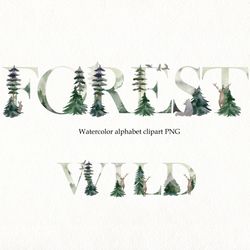 Watercolor forest alphabet, watercolor animals, clipart alphabet png, numbers clipart, woodland letter wall decor.