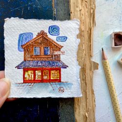 Japanese painting Original art Shop watercolor Mini wall art Painting of house by Rubinova