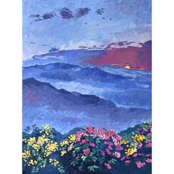 Smoky Mountains painting Sunset original art Blue Mountains artwork Flower Meadow wall art by Natalia Plotnikova