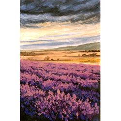 Lavender at sunset original acrylic painting Mini canvas landscape painting Small artwork 4 by 6 in