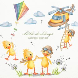 Ducks watercolor prints nursery wall decor , Watercolor clipart PNG , Baby shower invitation digital download