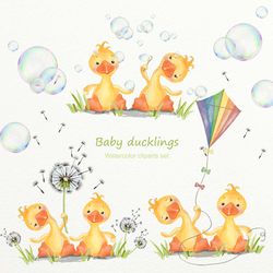 Cute Ducks watercolor prints nursery wall decor , Watercolor clipart PNG , Baby shower invitation digital download