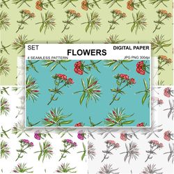 Carnation Flowers Seamless Pattern Retro Wallpaper Vintage Digital Paper Background, Surface Design Fabric Textile