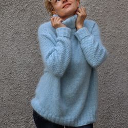 Oversize sweater, Angora sweater for women, Hand made, Loose fit hand knit jumper