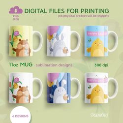 Easter Animal Bundle, 11oz Mug Sublimation Designs with Bunny, Chick, Hamster, PNG JPEG Digital Download