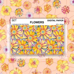 Daisies Flowers Seamless Pattern Colored Wallpaper Digital Paper Background, Surface Design Fabric Textile