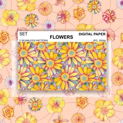 daisies flowers seamless pattern colored wallpaper digital paper background, surface design fabric textile