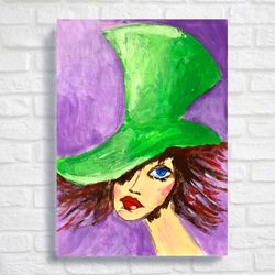 Saint Patrick's Day Painting Ireland Lady Original Art Green Hat Wall Art Woman Portrait Painting St Patrick's Day gift