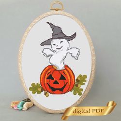 Halloween pumpkin cross stitch pattern PDF, design easy embroidery DIY, modern embroidery