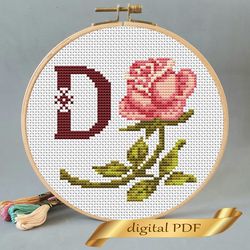 Floral letter D pdf cross stitch Flower monogram alphabet easy embroidery