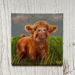 Cow Oil Painting On Canvas Magnet, Original Small Canvas Magnet, Calf Oil Art, Hand Painted Magnet, Calf Painting