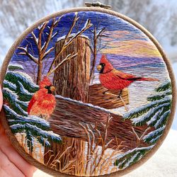 Hand embroidery artwork 5.5", thread painting, landscape embroidery art, winter landscape