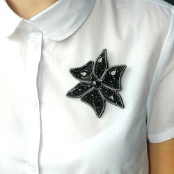 Asymmetric black flower beaded crystal brooch for women